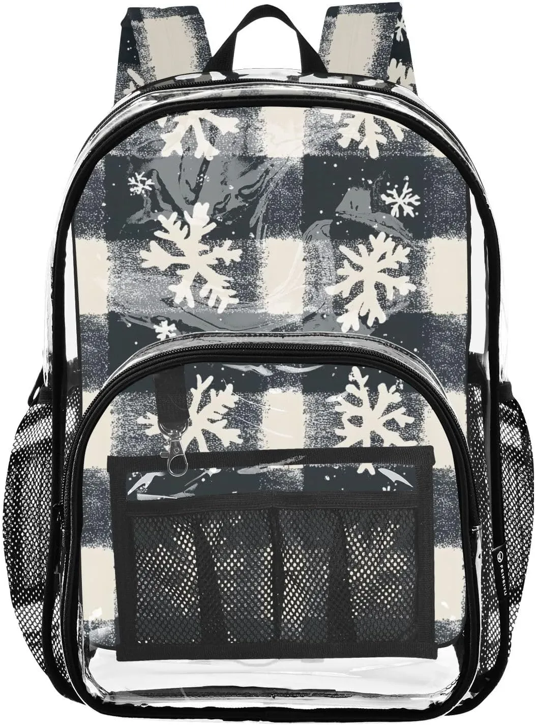 senya Transparent School Bag Christmas Snowflakes Black Checked Travel Backpack With Water-Resistant PVC Plastic Clear Bagpack