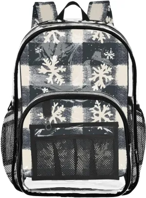 senya Transparent School Bag Christmas Snowflakes Black Checked Travel Backpack With Water-Resistant PVC Plastic Clear Bagpack