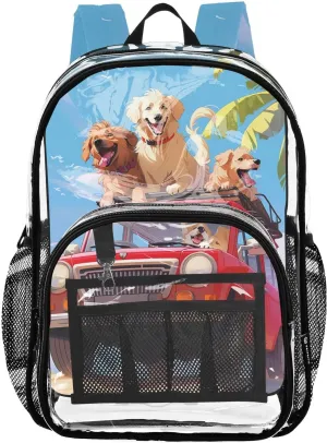 senya Transparent School Bag Dogs Drive Red Cars Travel Backpack With Water-Resistant PVC Plastic Clear Bagpack