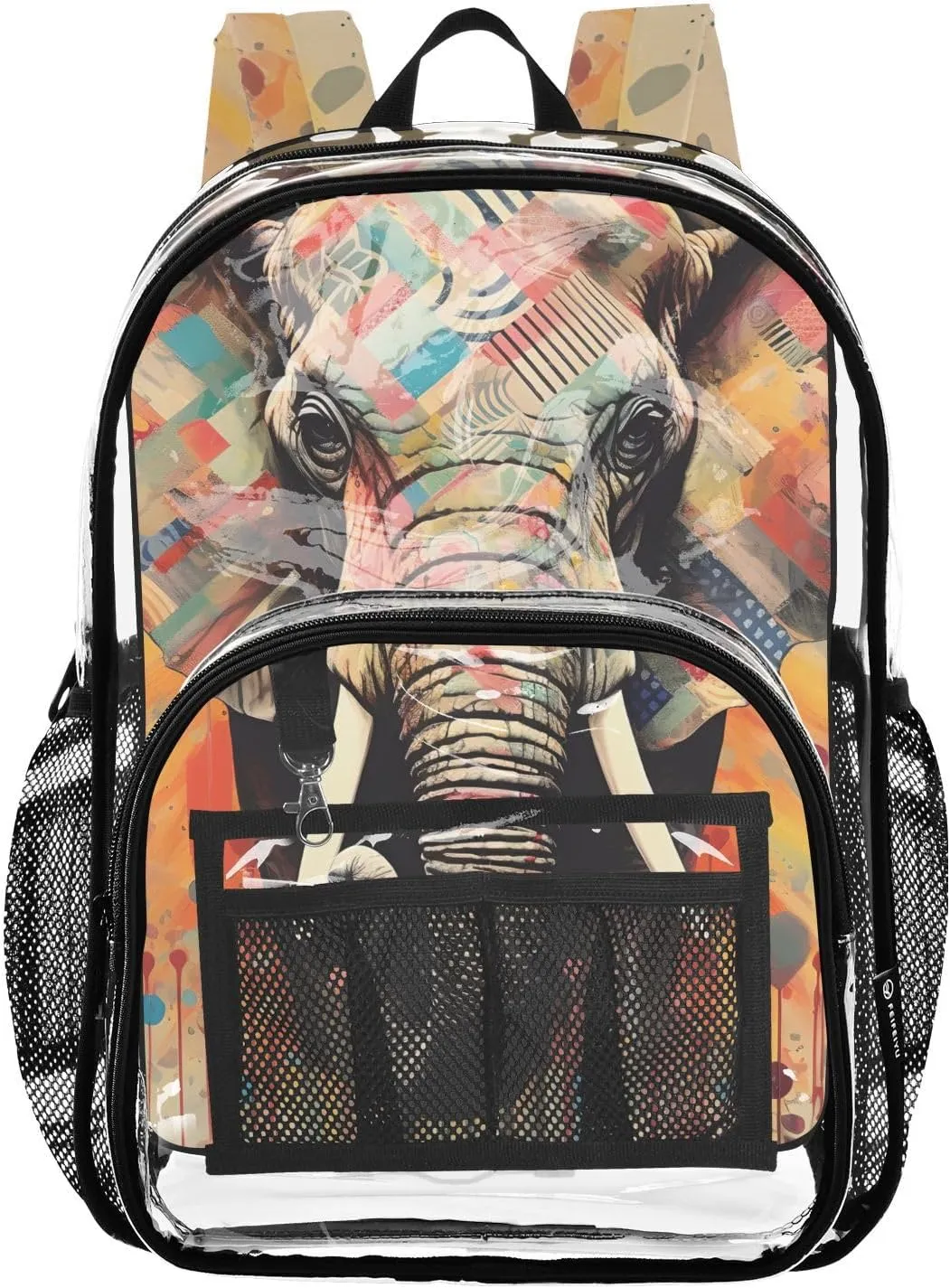 senya Transparent School Bag Elephant Colored Checkered Lines Travel Backpack With Water-Resistant PVC Plastic Clear Bagpack