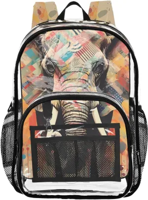 senya Transparent School Bag Elephant Colored Checkered Lines Travel Backpack With Water-Resistant PVC Plastic Clear Bagpack