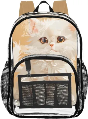 senya Transparent School Bag Fluffy White Cat Travel Backpack With Water-Resistant PVC Plastic Clear Bagpack