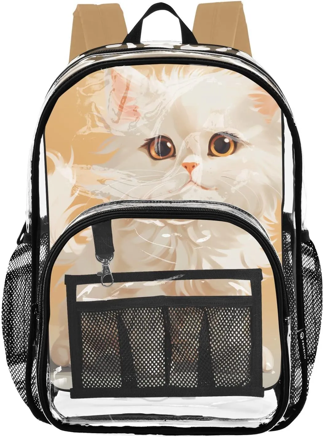 senya Transparent School Bag Fluffy White Cat Travel Backpack With Water-Resistant PVC Plastic Clear Bagpack