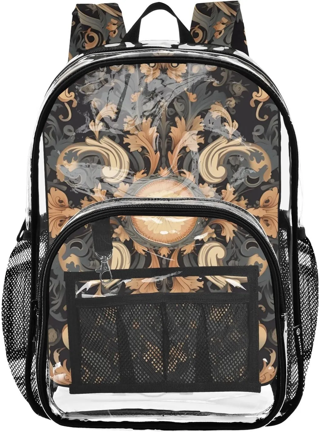 senya Transparent School Bag Golden-orange Flower Vines Travel Backpack With Water-Resistant PVC Plastic Clear Bagpack