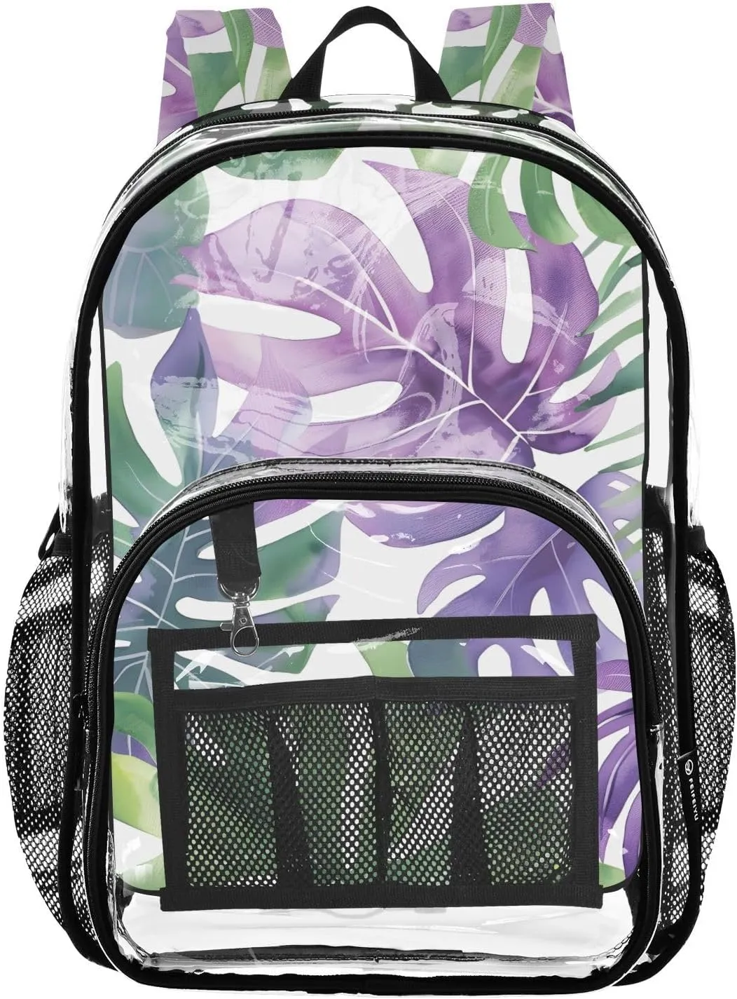 senya Transparent School Bag Green-purple Tropical Leaves Travel Backpack With Water-Resistant PVC Plastic Clear Bagpack