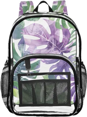 senya Transparent School Bag Green-purple Tropical Leaves Travel Backpack With Water-Resistant PVC Plastic Clear Bagpack