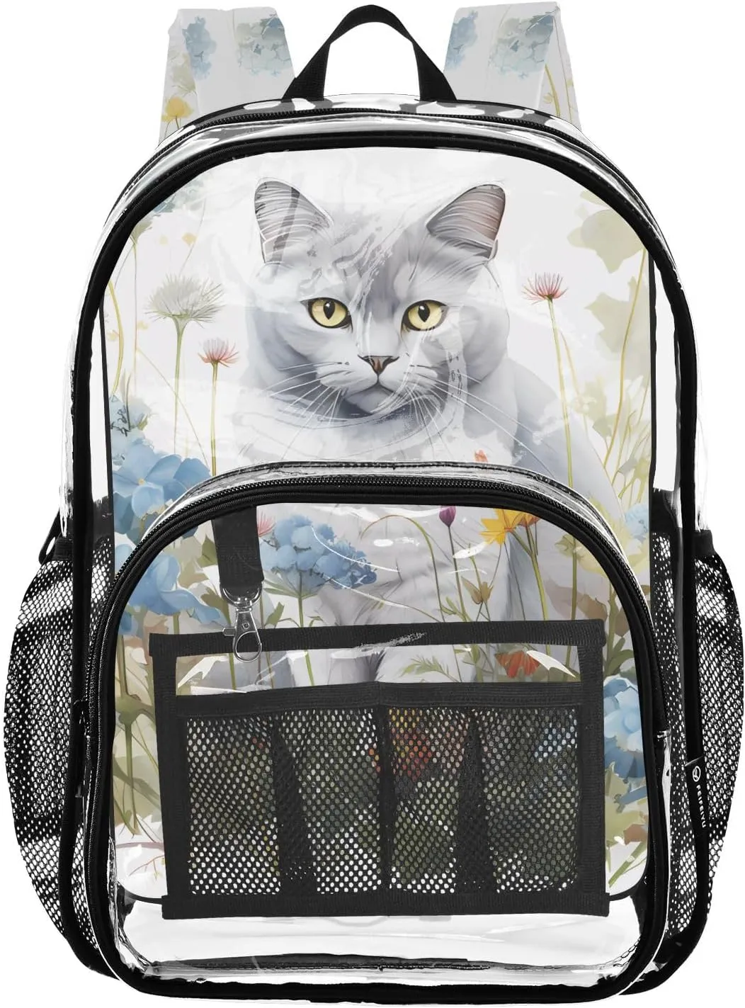 senya Transparent School Bag Melancholy Cat Blue Flowers Travel Backpack With Water-Resistant PVC Plastic Clear Bagpack