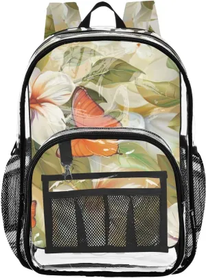 senya Transparent School Bag Orange Butterfly White Flower Travel Backpack With Water-Resistant PVC Plastic Clear Bagpack