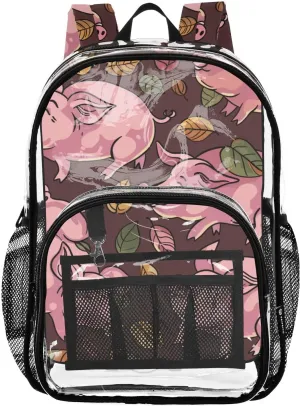 senya Transparent School Bag Pigs Playing with Leaves Travel Backpack With Water-Resistant PVC Plastic Clear Bagpack