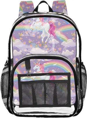 senya Transparent School Bag Pink Unicorn Rainbow Bridge Travel Backpack With Water-Resistant PVC Plastic Clear Bagpack
