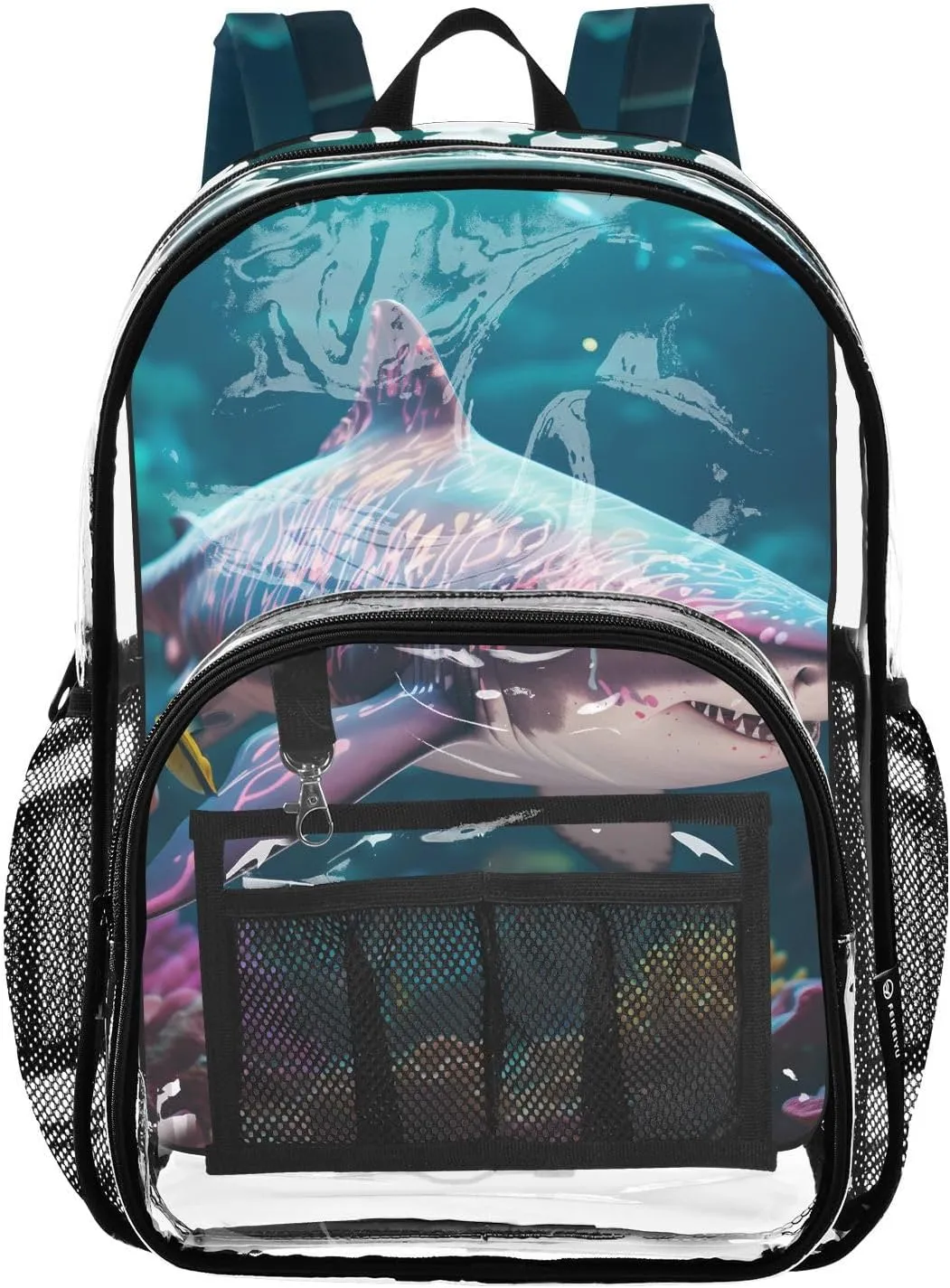 senya Transparent School Bag Shark Evil Spirit Smiles Travel Backpack With Water-Resistant PVC Plastic Clear Bagpack