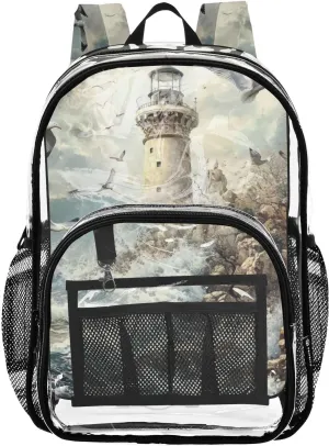 senya Transparent School Bag White Lighthouse Waves Travel Backpack With Water-Resistant PVC Plastic Clear Bagpack