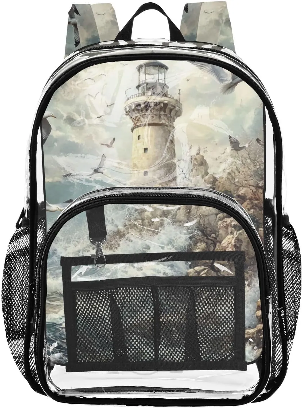 senya Transparent School Bag White Lighthouse Waves Travel Backpack With Water-Resistant PVC Plastic Clear Bagpack