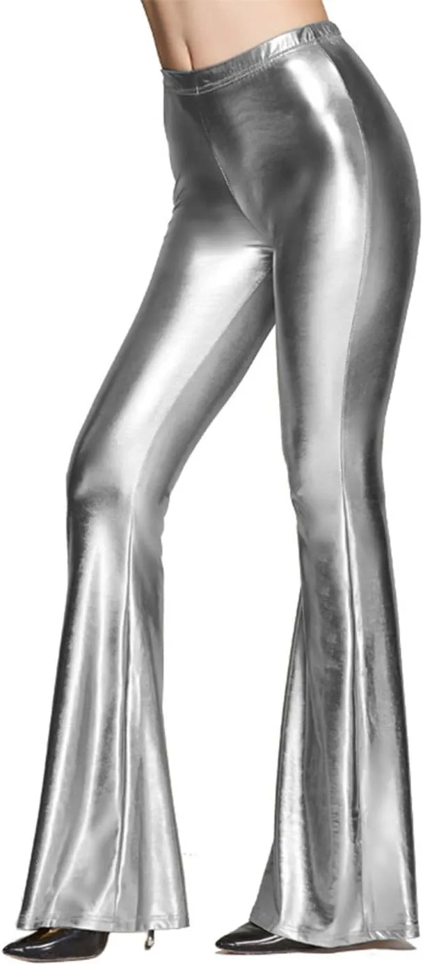 SIAEAMRG Womens Shinny Metallic Sequins High Waist Stretchy Bell Bottom Flared Pants, Wet Look Pants Club Wear