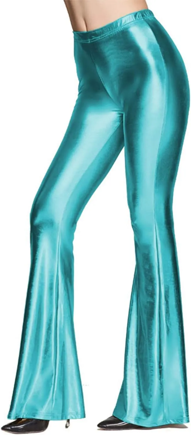 SIAEAMRG Womens Shinny Metallic Sequins High Waist Stretchy Bell Bottom Flared Pants, Wet Look Pants Club Wear