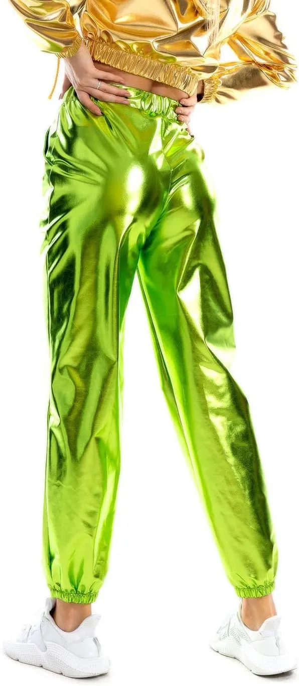 SIAEAMRG Womens Shiny Metallic High Waist Stretchy Jogger Pants, Wet Look Hip Hop Club Wear Holographic Trousers Sweatpant