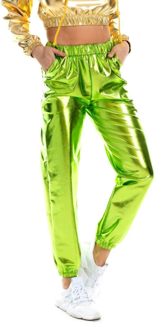 SIAEAMRG Womens Shiny Metallic High Waist Stretchy Jogger Pants, Wet Look Hip Hop Club Wear Holographic Trousers Sweatpant