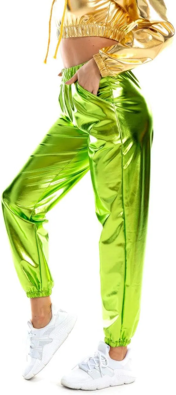 SIAEAMRG Womens Shiny Metallic High Waist Stretchy Jogger Pants, Wet Look Hip Hop Club Wear Holographic Trousers Sweatpant