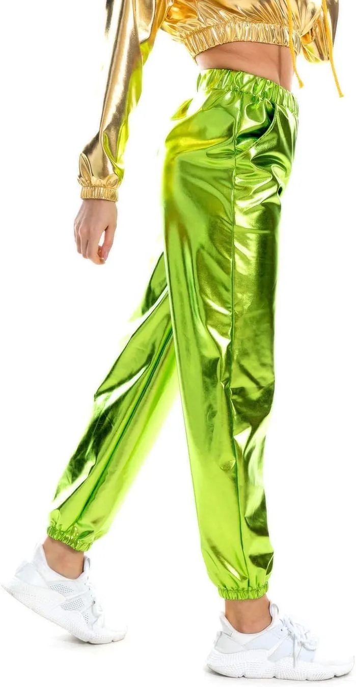 SIAEAMRG Womens Shiny Metallic High Waist Stretchy Jogger Pants, Wet Look Hip Hop Club Wear Holographic Trousers Sweatpant
