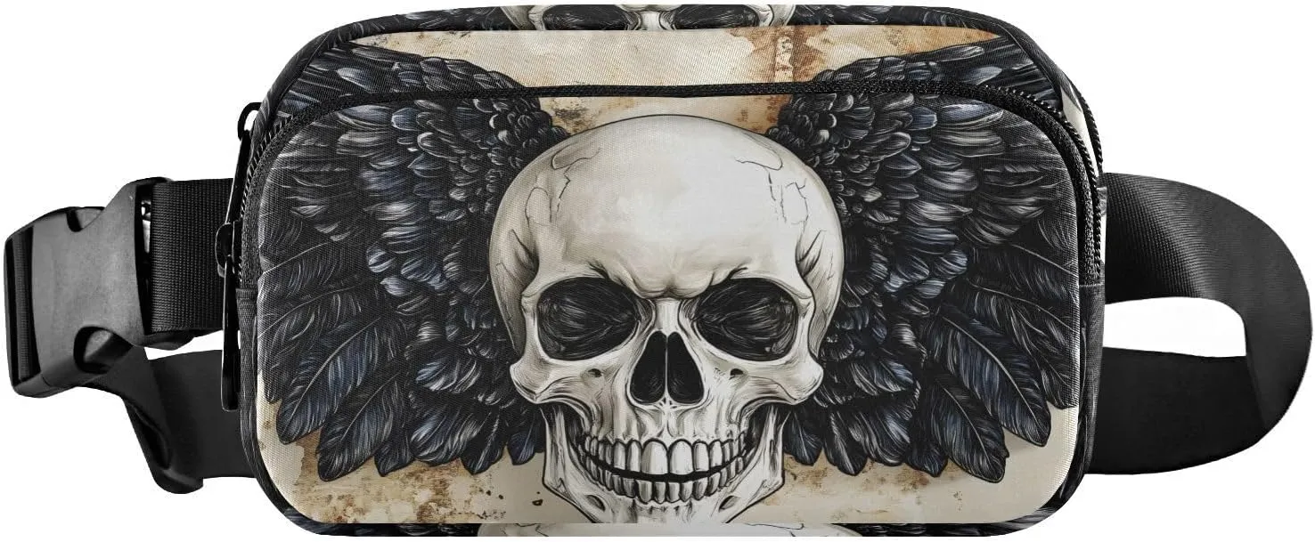 Skull with Wings Fanny Pack Water Resistant, Women Men Waist Pack Sling Bag Purse for Travel Hiking