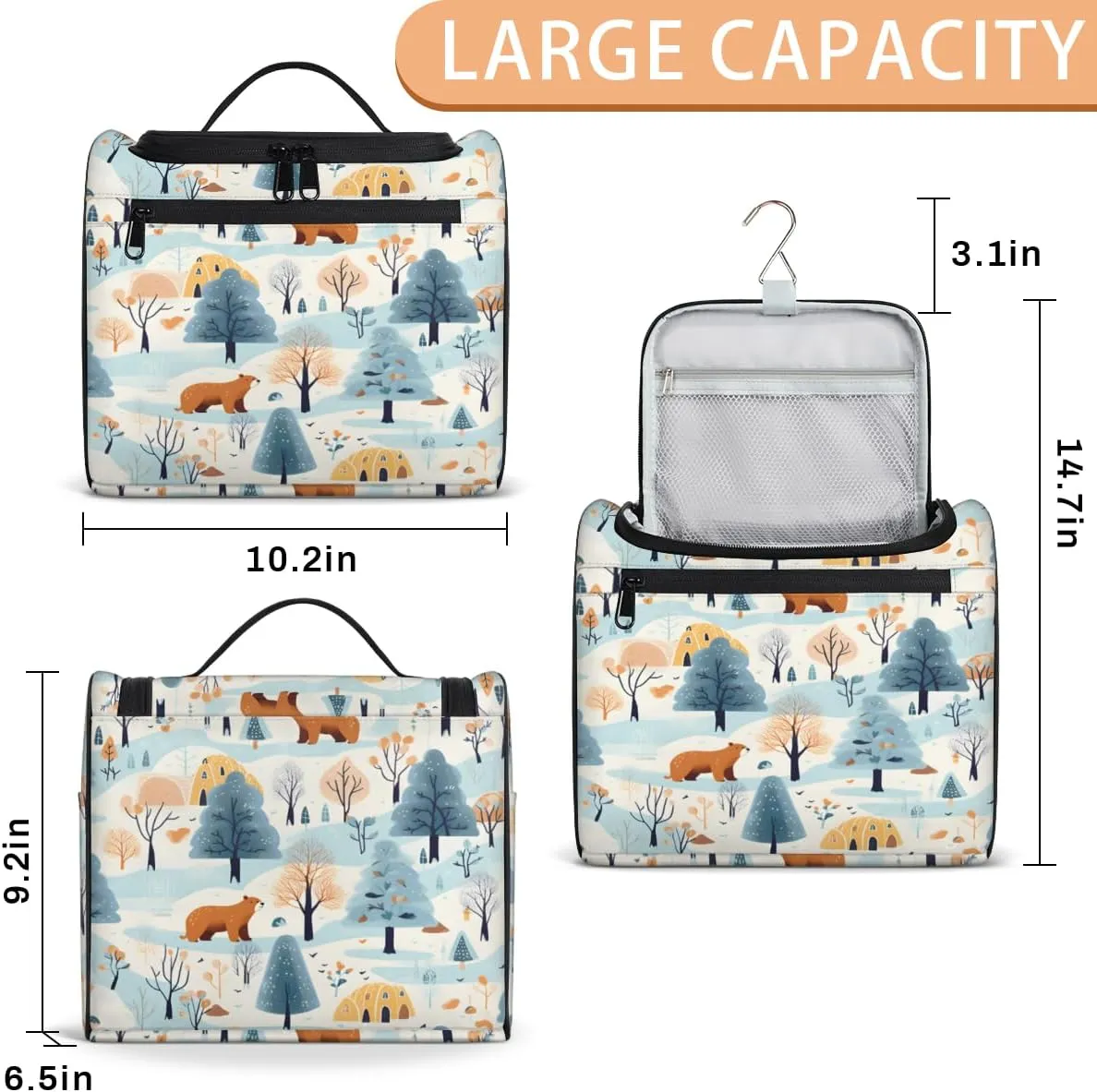 Snowy Fields Pine Trees Hanging Toiletry Bags Travel Makeup Bag Water-resistant Makeup Cosmetic Bag Travel Organizer