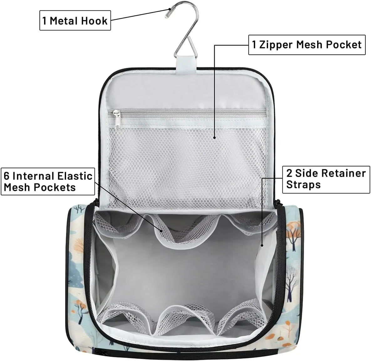 Snowy Fields Pine Trees Hanging Toiletry Bags Travel Makeup Bag Water-resistant Makeup Cosmetic Bag Travel Organizer