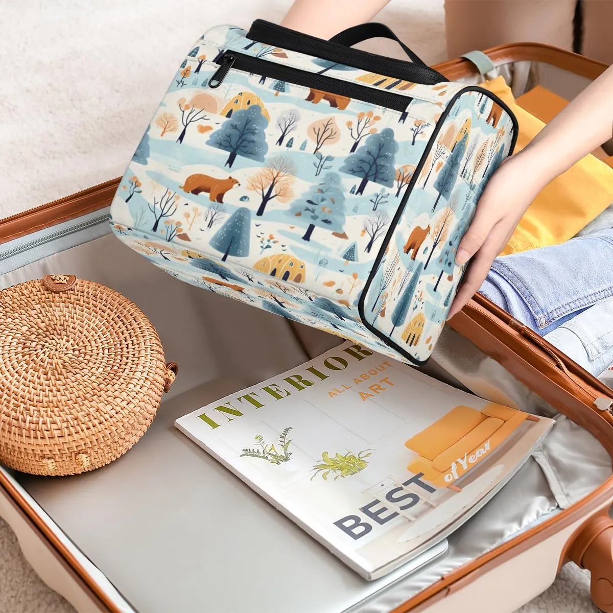 Snowy Fields Pine Trees Hanging Toiletry Bags Travel Makeup Bag Water-resistant Makeup Cosmetic Bag Travel Organizer