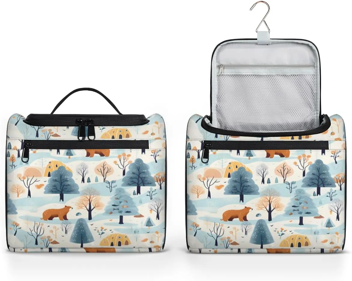 Snowy Fields Pine Trees Hanging Toiletry Bags Travel Makeup Bag Water-resistant Makeup Cosmetic Bag Travel Organizer