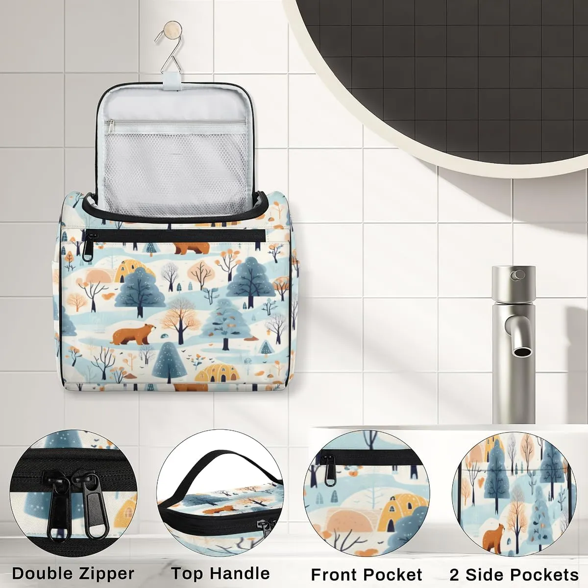 Snowy Fields Pine Trees Hanging Toiletry Bags Travel Makeup Bag Water-resistant Makeup Cosmetic Bag Travel Organizer