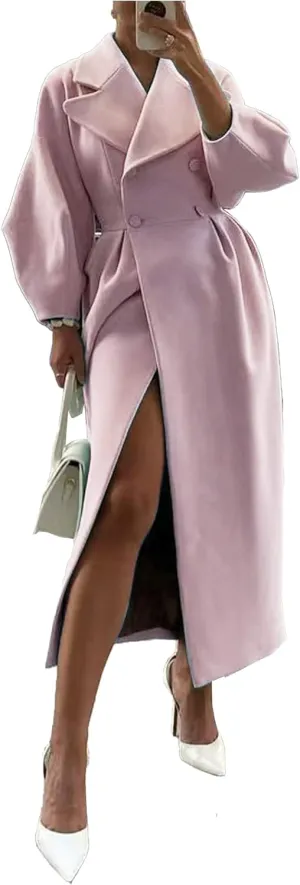 SOMTHRON Women's Casual Trench Coat Double Breasted Notched Lapel Long Lantern Sleeve Jacket Overcoat Pea Coat