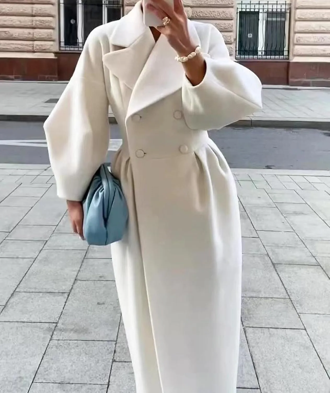 SOMTHRON Women's Casual Trench Coat Double Breasted Notched Lapel Long Lantern Sleeve Jacket Overcoat Pea Coat