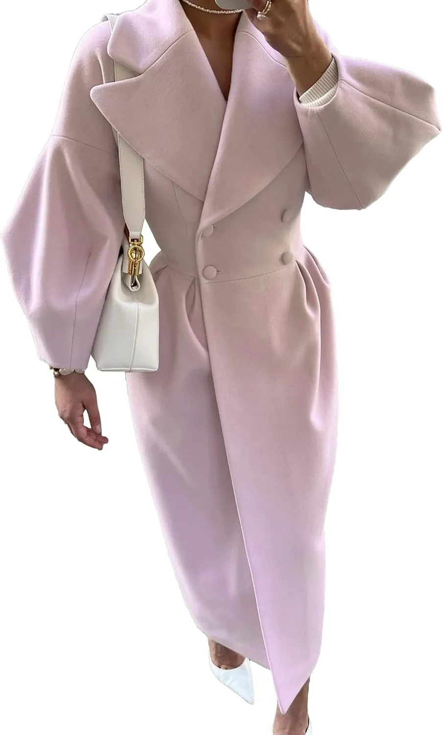 SOMTHRON Women's Casual Trench Coat Double Breasted Notched Lapel Long Lantern Sleeve Jacket Overcoat Pea Coat