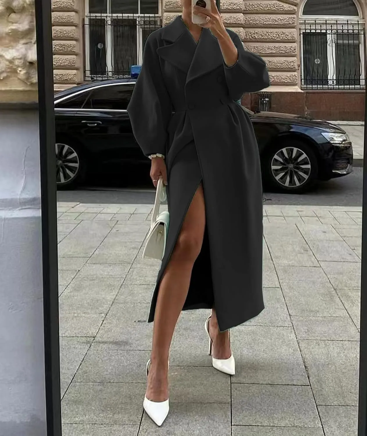 SOMTHRON Women's Casual Trench Coat Double Breasted Notched Lapel Long Lantern Sleeve Jacket Overcoat Pea Coat