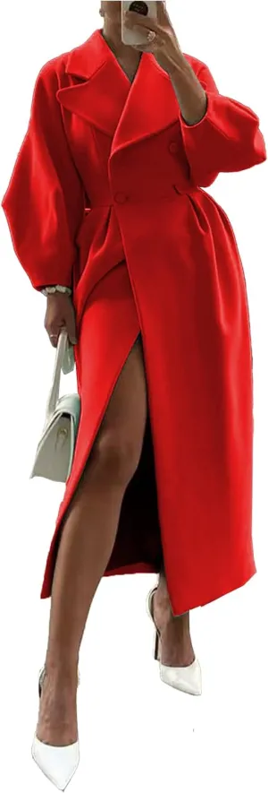 SOMTHRON Women's Casual Trench Coat Double Breasted Notched Lapel Long Lantern Sleeve Jacket Overcoat Pea Coat