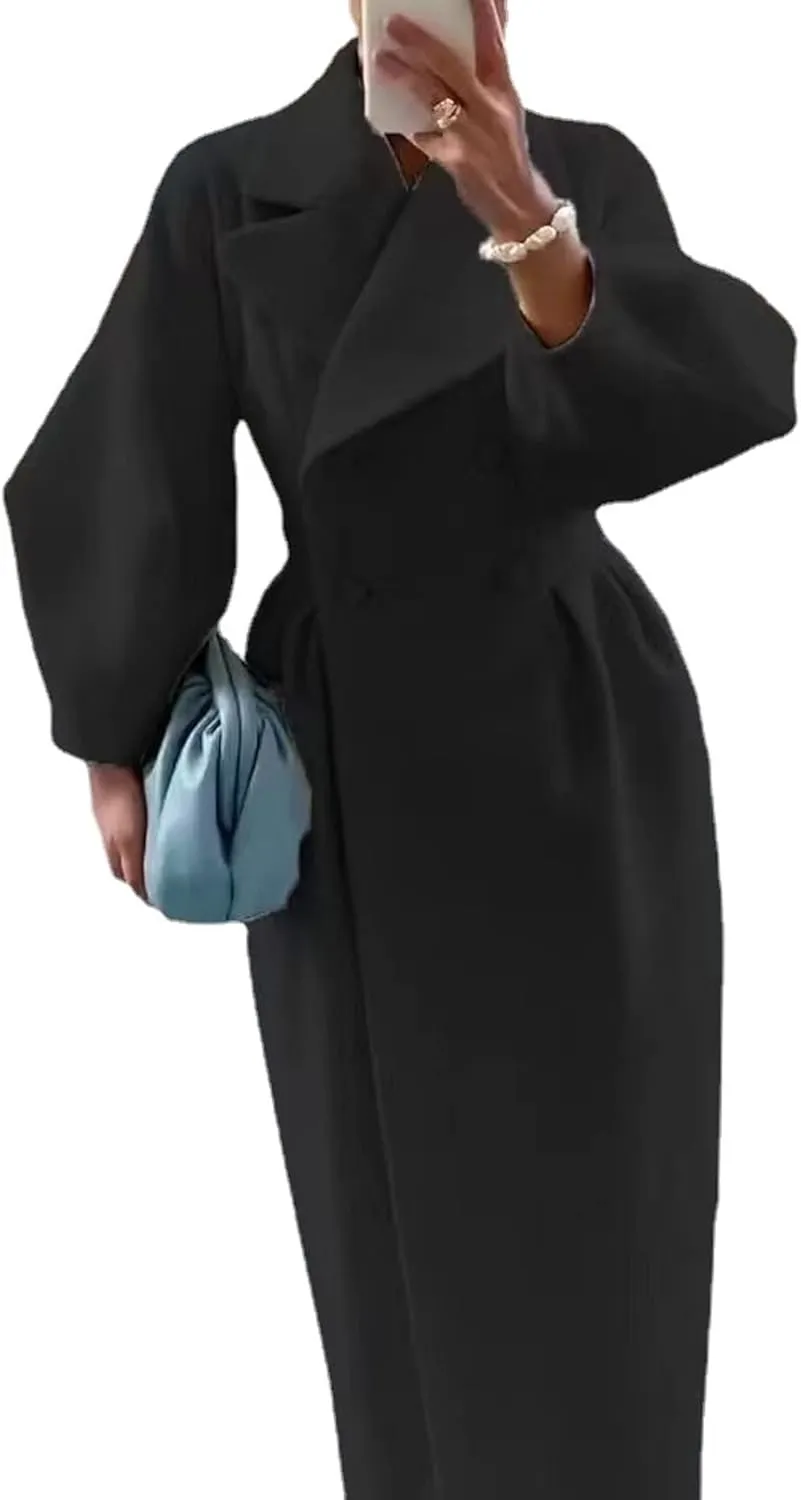 SOMTHRON Women's Casual Trench Coat Double Breasted Notched Lapel Long Lantern Sleeve Jacket Overcoat Pea Coat