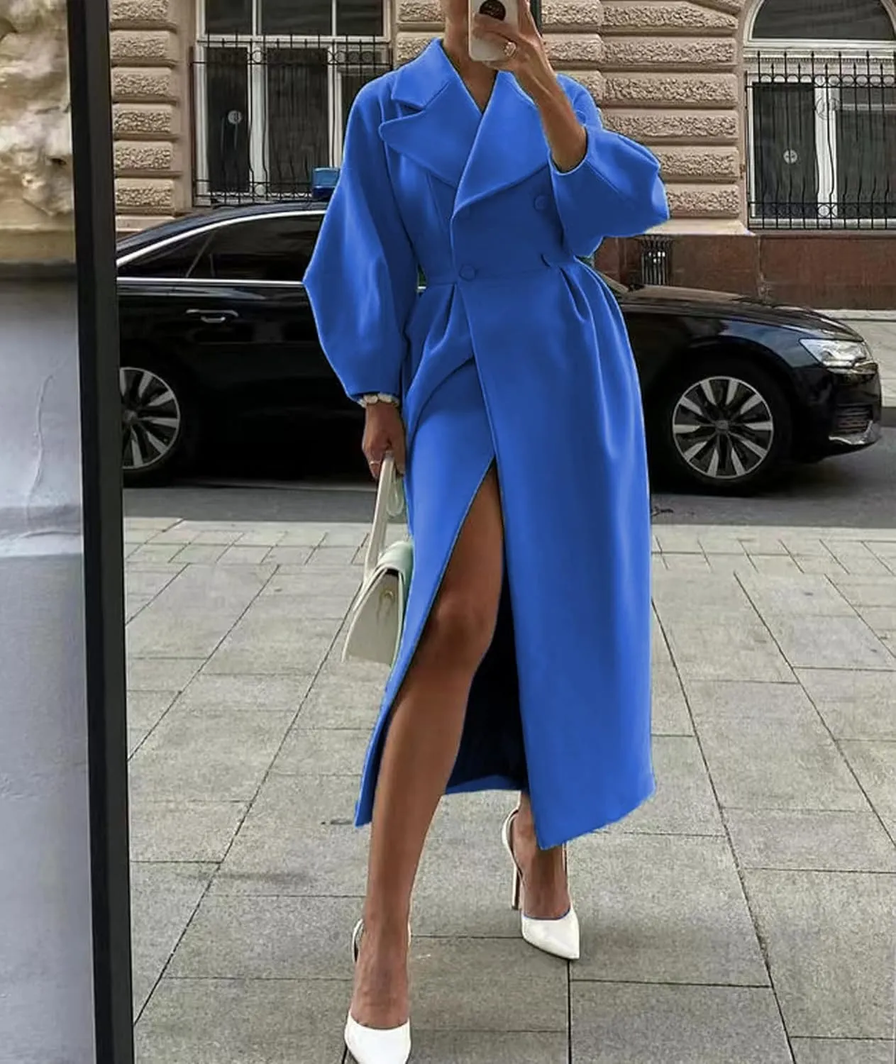 SOMTHRON Women's Casual Trench Coat Double Breasted Notched Lapel Long Lantern Sleeve Jacket Overcoat Pea Coat