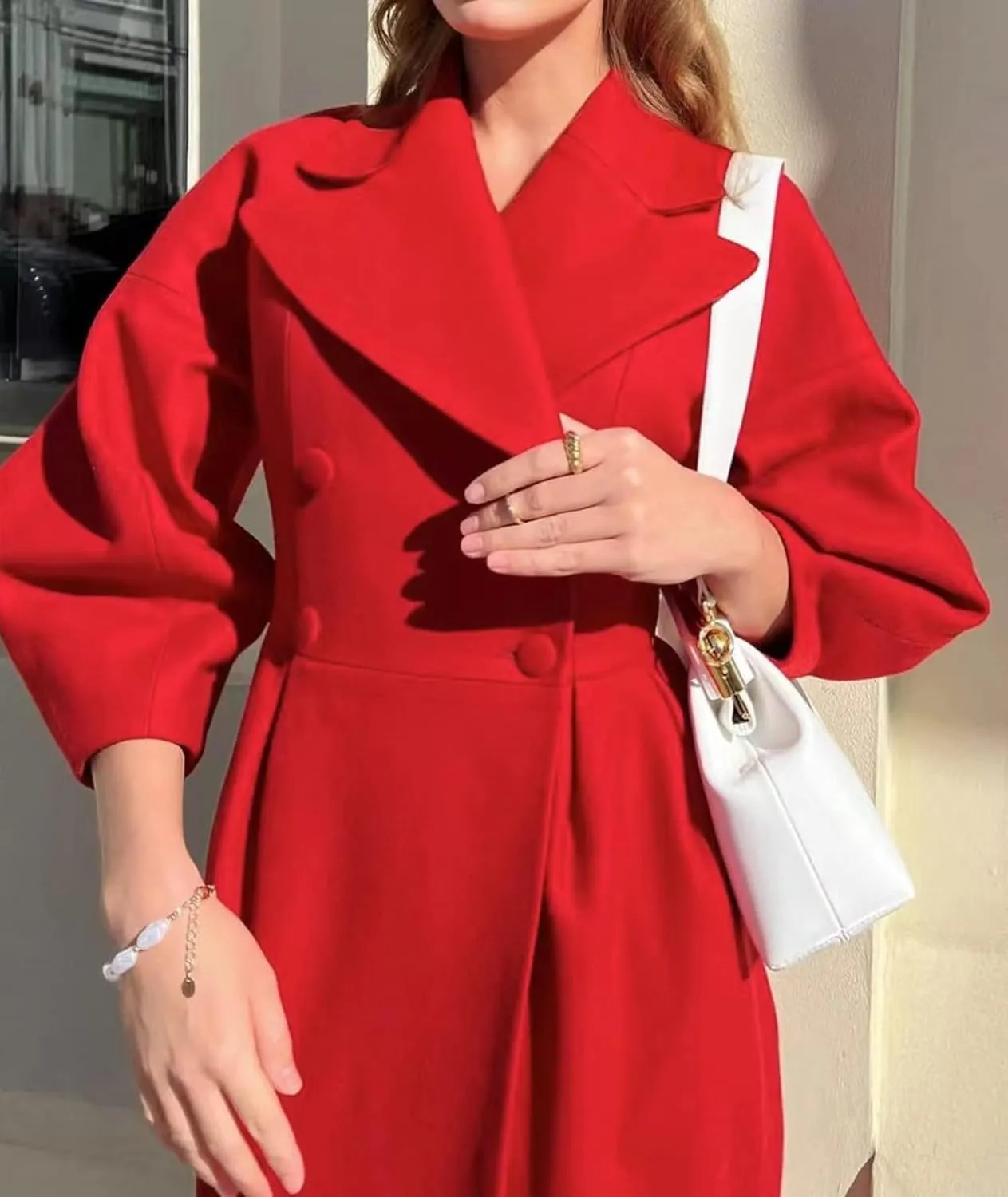 SOMTHRON Women's Casual Trench Coat Double Breasted Notched Lapel Long Lantern Sleeve Jacket Overcoat Pea Coat