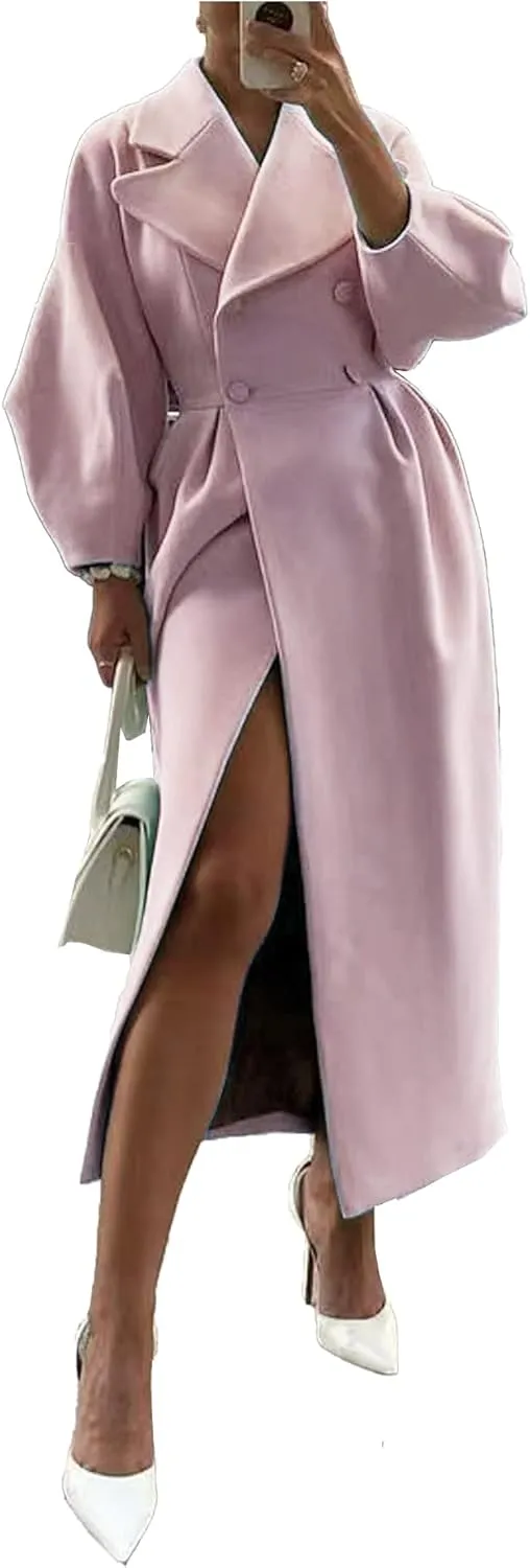 SOMTHRON Women's Casual Trench Coat Double Breasted Notched Lapel Long Lantern Sleeve Jacket Overcoat Pea Coat