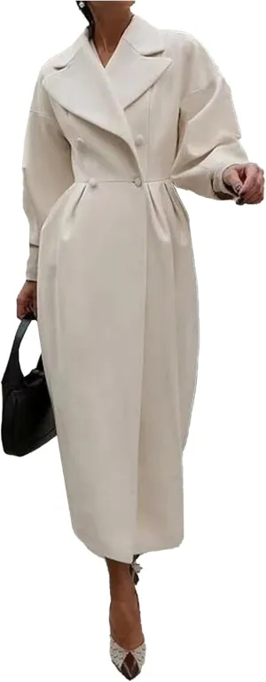 SOMTHRON Women's Casual Trench Coat Double Breasted Notched Lapel Long Lantern Sleeve Jacket Overcoat Pea Coat