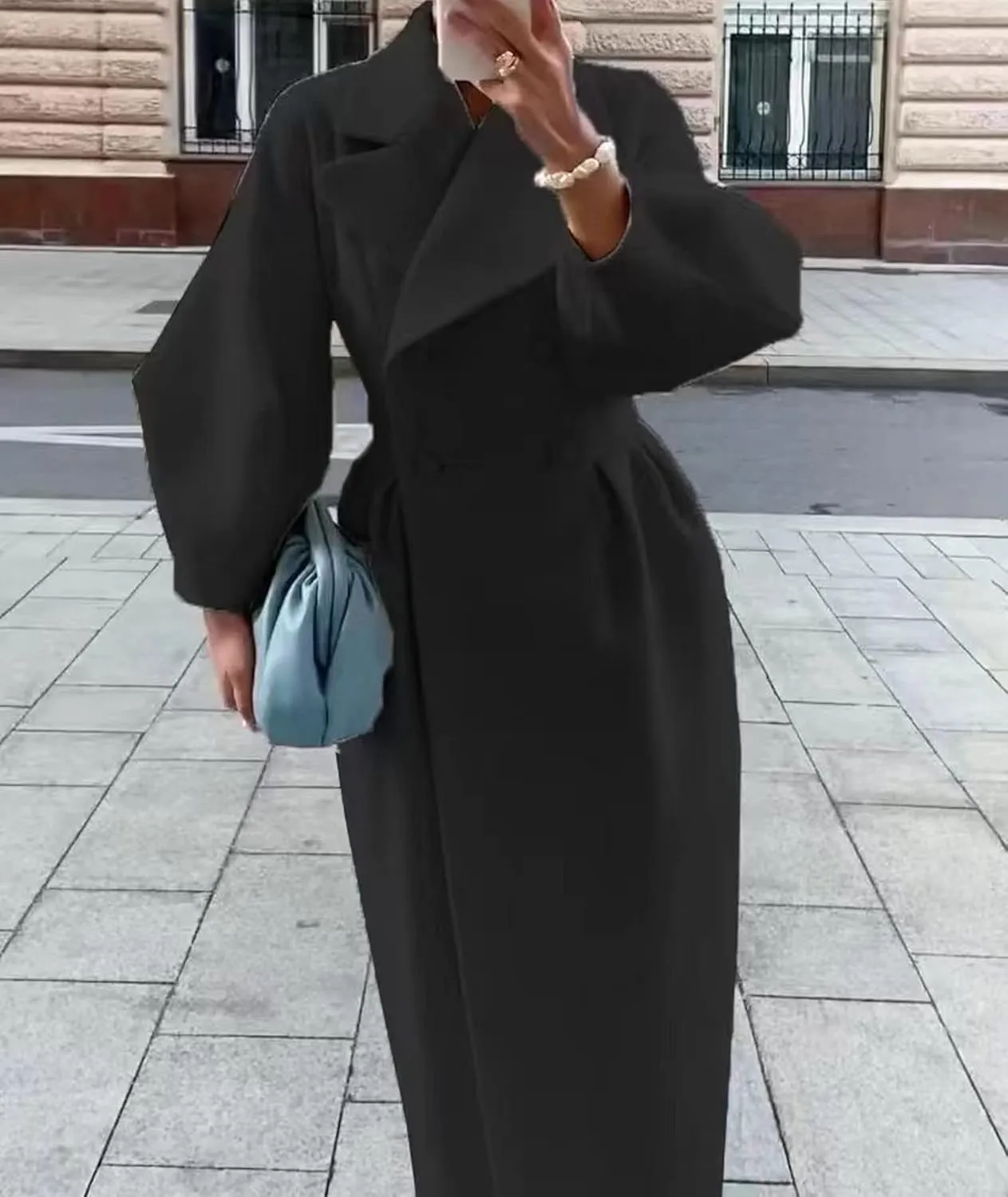 SOMTHRON Women's Casual Trench Coat Double Breasted Notched Lapel Long Lantern Sleeve Jacket Overcoat Pea Coat