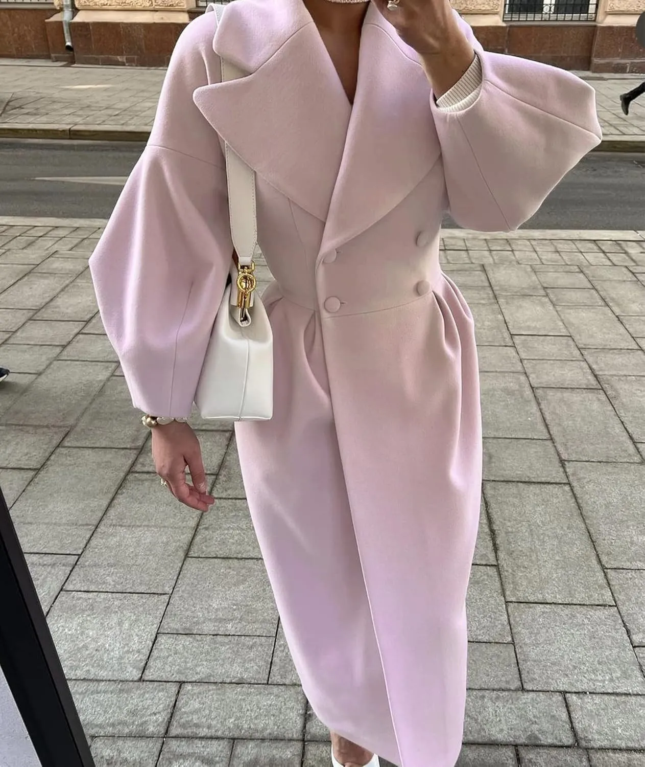 SOMTHRON Women's Casual Trench Coat Double Breasted Notched Lapel Long Lantern Sleeve Jacket Overcoat Pea Coat