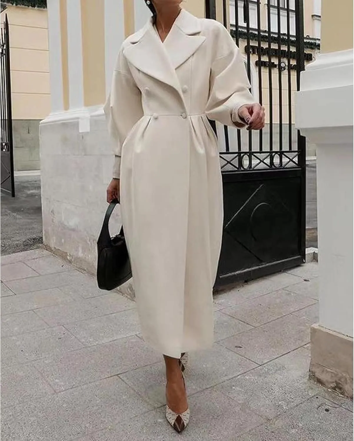 SOMTHRON Women's Casual Trench Coat Double Breasted Notched Lapel Long Lantern Sleeve Jacket Overcoat Pea Coat