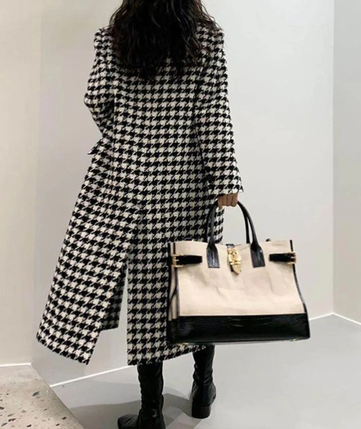 SOMTHRON Women's Houndstooth Trench Coat Notch Lapel Double Breasted Quilted Lined Long Jacket Overcoat Pea Coat