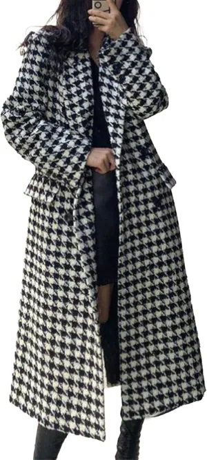 SOMTHRON Women's Houndstooth Trench Coat Notch Lapel Double Breasted Quilted Lined Long Jacket Overcoat Pea Coat
