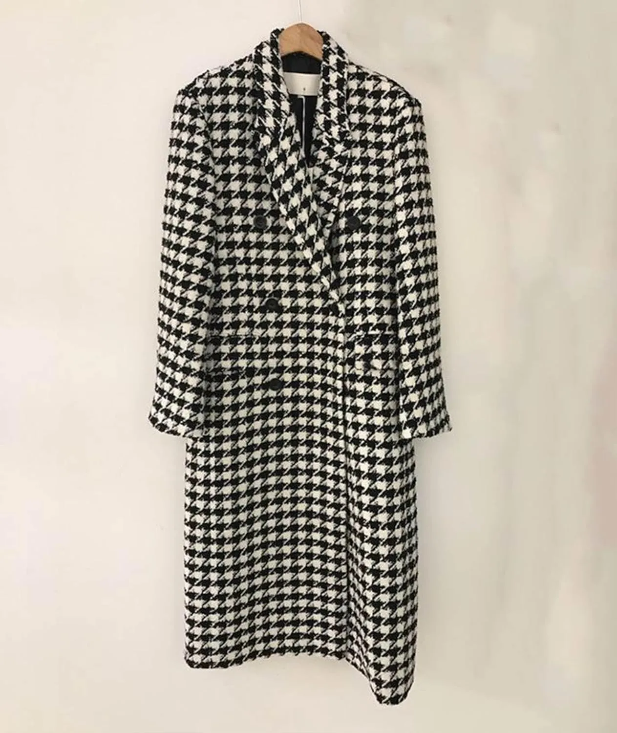 SOMTHRON Women's Houndstooth Trench Coat Notch Lapel Double Breasted Quilted Lined Long Jacket Overcoat Pea Coat