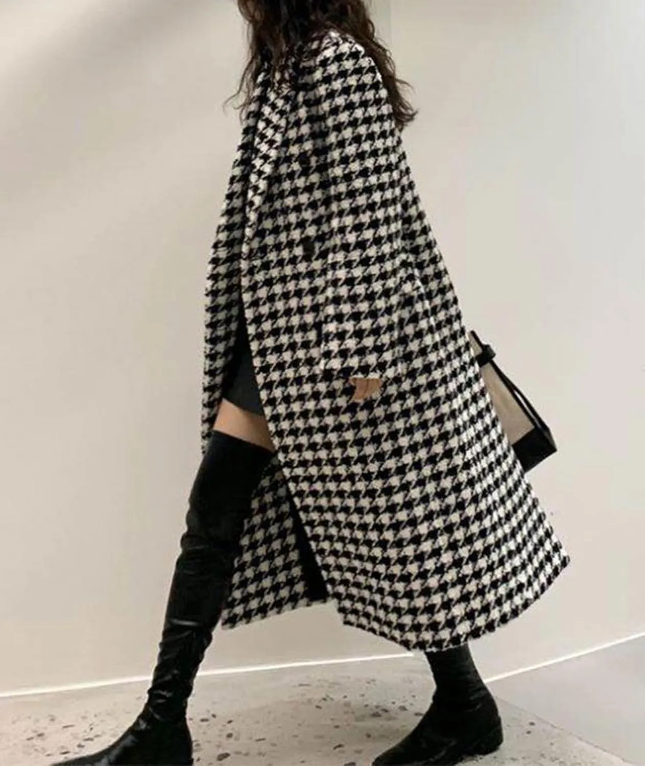 SOMTHRON Women's Houndstooth Trench Coat Notch Lapel Double Breasted Quilted Lined Long Jacket Overcoat Pea Coat