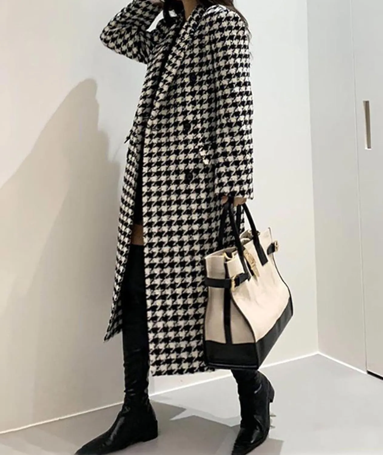 SOMTHRON Women's Houndstooth Trench Coat Notch Lapel Double Breasted Quilted Lined Long Jacket Overcoat Pea Coat