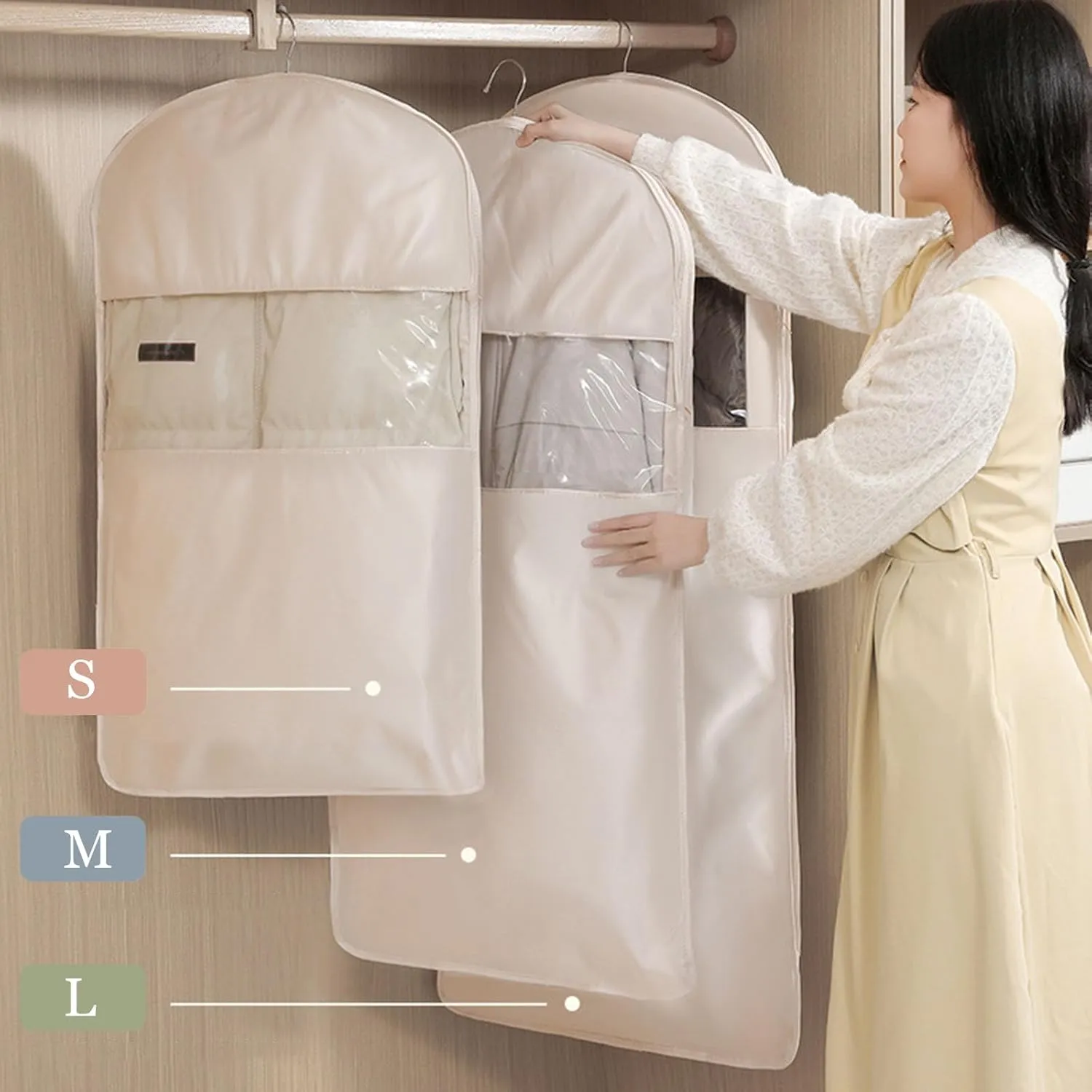 Space Saving Hanging Garment Bag, Closet Organizer Storage Bags, Dust Cover Clothes Bags for Down Coat (3pcs M)