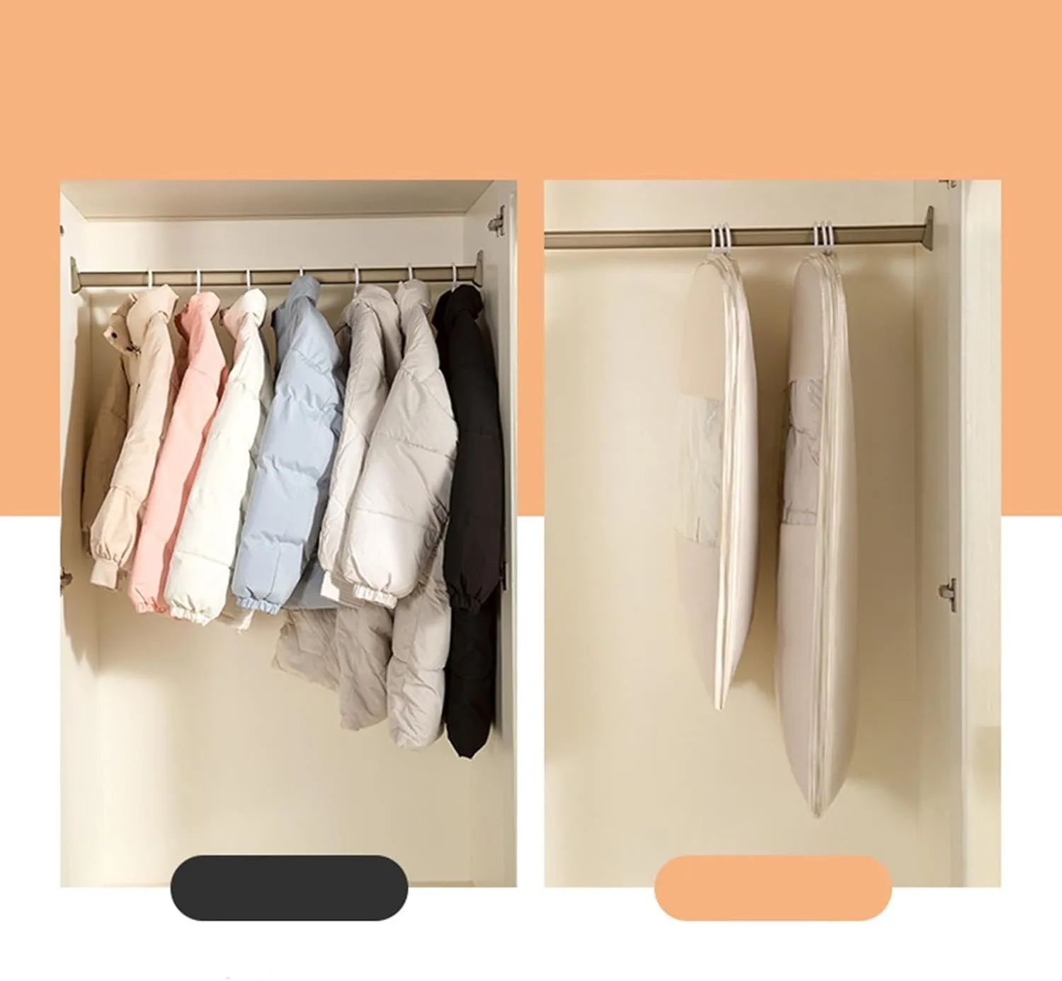 Space Saving Hanging Garment Bag, Self-Compression Space Saver Closet Organizers with 2-Way Zipper, Dustproof Clothes Cover for Down Coats Jackets, Dust Cover Bags Travel Organizer for Suit (Beige, M)