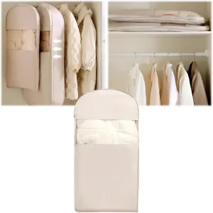 Space Saving Hanging Garment Bag, Self-Compression Space Saver Closet Organizers with 2-Way Zipper, Dustproof Clothes Cover for Down Coats Jackets, Dust Cover Bags Travel Organizer for Suit (Beige, M)